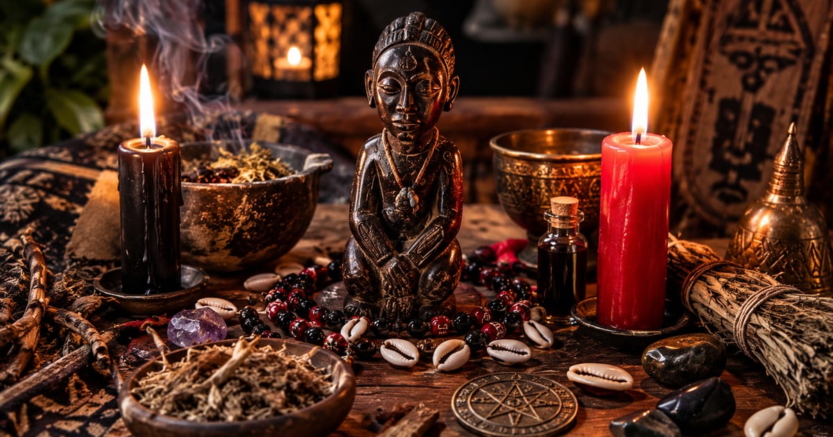 Statuette rituelle entre deux bougies, cauris et fioles sur un autel