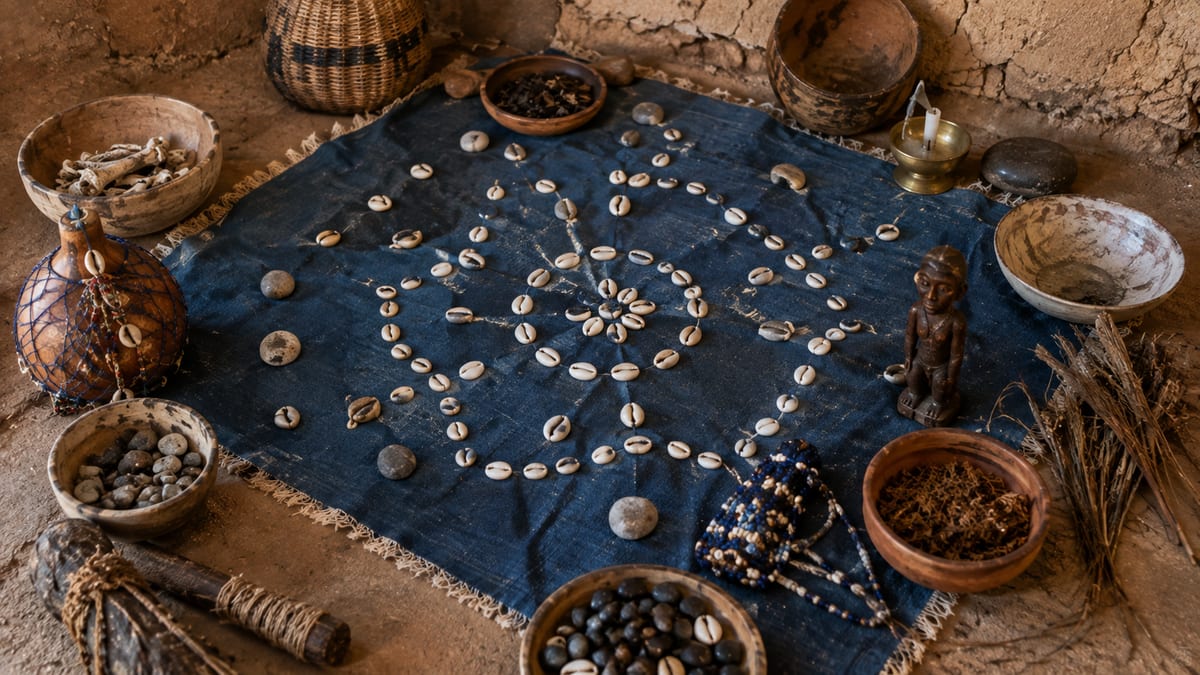 Cauris disposés en figure de divination sur un pagne indigo